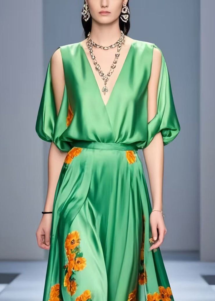 Organic Grass Green Cold Shoulder Print Silk Dress Summer