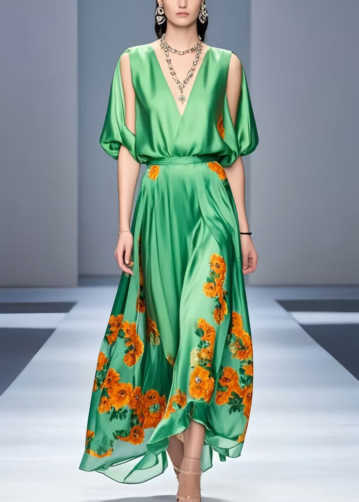 Organic Grass Green Cold Shoulder Print Silk Dress Summer