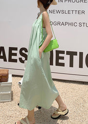 Organic Green Backless Pockets Cotton Long Dresses Summer