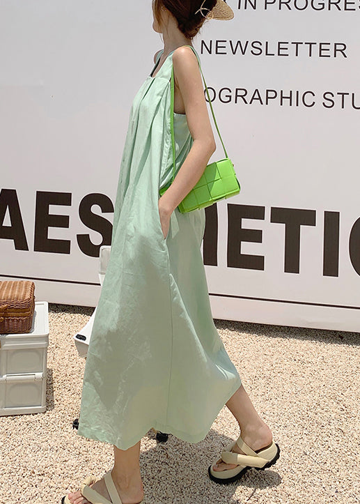 Organic Green Backless Pockets Cotton Long Dresses Summer