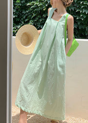 Organic Green Backless Pockets Cotton Long Dresses Summer