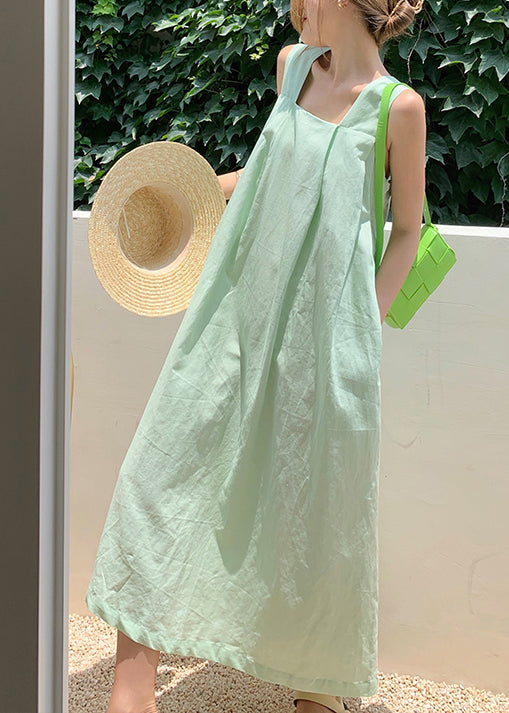Organic Green Backless Pockets Cotton Long Dresses Summer