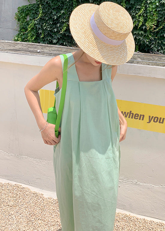 Organic Green Backless Pockets Cotton Long Dresses Summer