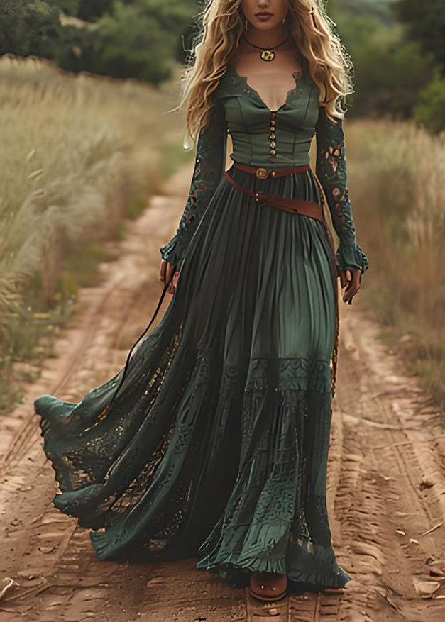 Organic Green Hollow Out Lace Patchwork Cotton Robe Dresses Spring