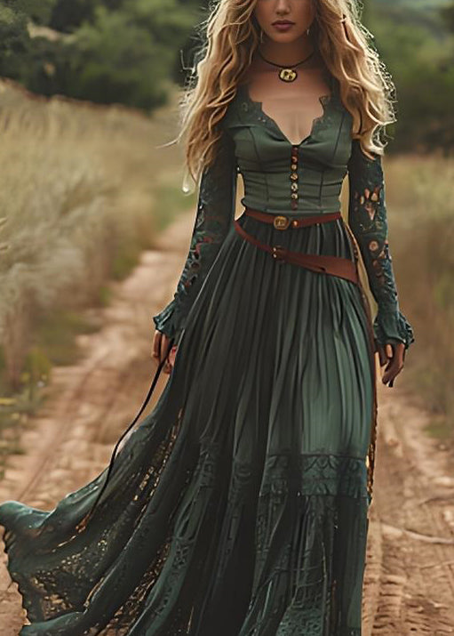 Organic Green Hollow Out Lace Patchwork Cotton Robe Dresses Spring