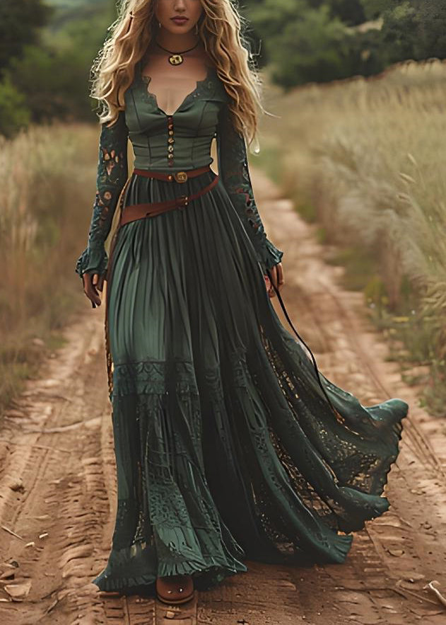 Organic Green Hollow Out Lace Patchwork Cotton Robe Dresses Spring
