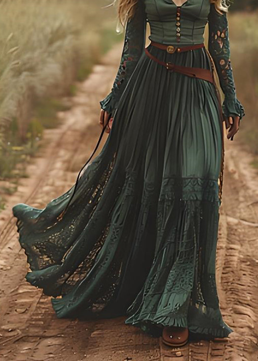 Organic Green Hollow Out Lace Patchwork Cotton Robe Dresses Spring