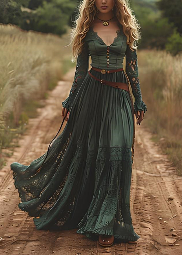 Organic Green Hollow Out Lace Patchwork Cotton Robe Dresses Spring