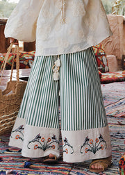 Organic Green Striped Embroidered Floral Cotton Wide Leg Pants Summer