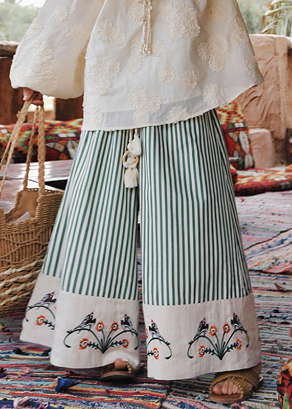 Organic Green Striped Embroidered Floral Cotton Wide Leg Pants Summer