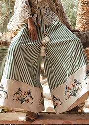 Organic Green Striped Embroidered Floral Cotton Wide Leg Pants Summer