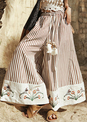Organic Green Striped Embroidered Floral Cotton Wide Leg Pants Summer