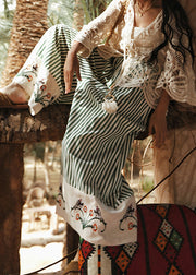 Organic Green Striped Embroidered Floral Cotton Wide Leg Pants Summer
