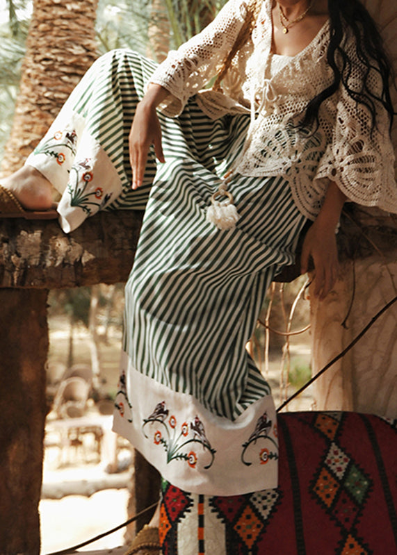 Organic Green Striped Embroidered Floral Cotton Wide Leg Pants Summer