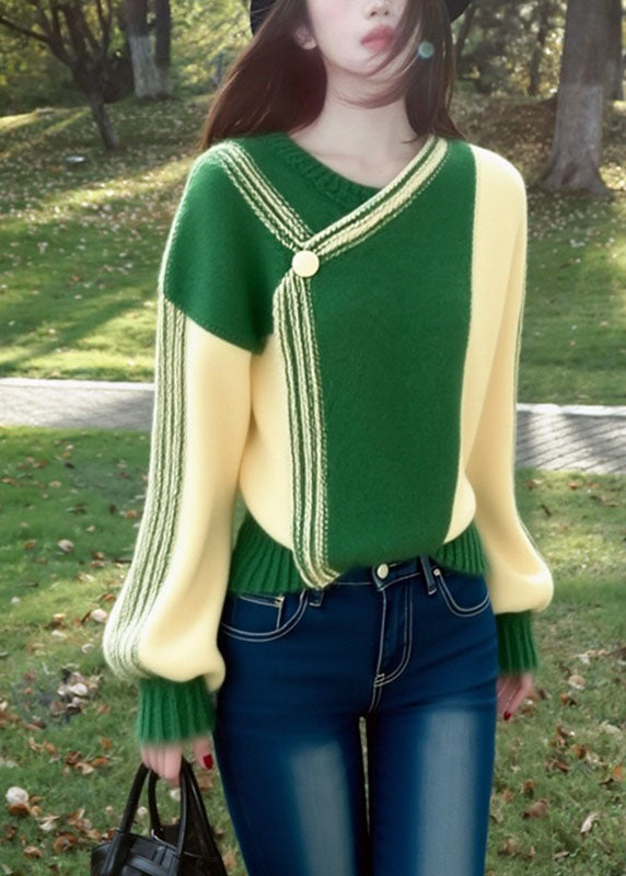 Organic Green V Neck Asymmetrical Patchwork Warm Cotton Knit Sweaters Winter