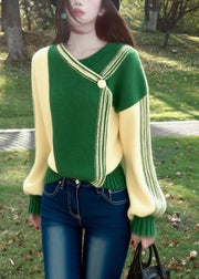 Organic Green V Neck Asymmetrical Patchwork Warm Cotton Knit Sweaters Winter