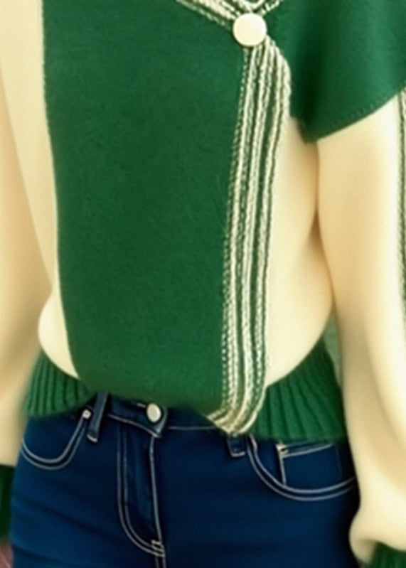 Organic Green V Neck Asymmetrical Patchwork Warm Cotton Knit Sweaters Winter