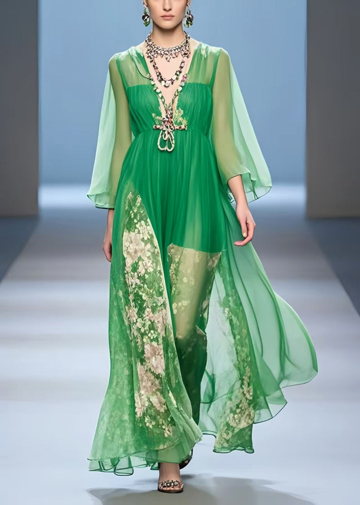 Organic Green V Neck Print Chiffon Vacation Dress Summer