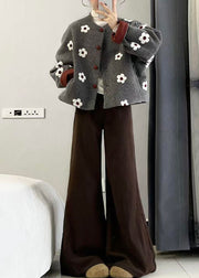 Organic Grey Print Button Woolen Coats And Wide Leg Pants Two Pieces Set Winter
