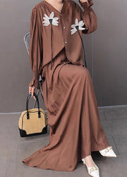 Organic Khaki V Neck Shirts And Maxi Skirts Two Pieces Set Fall
