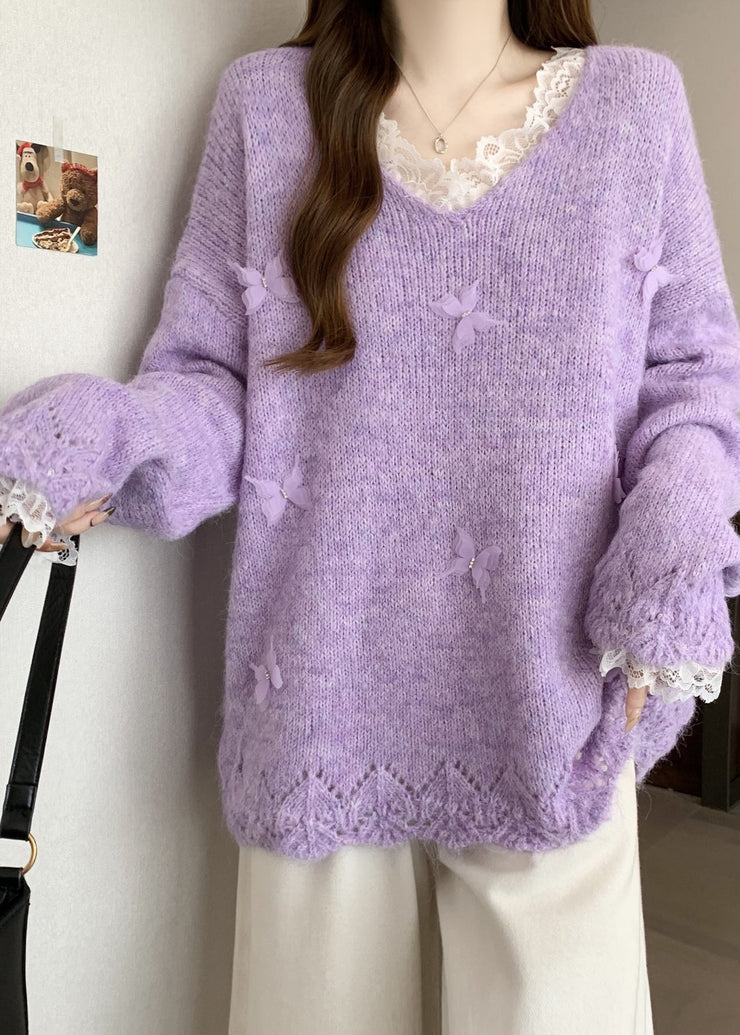 Organic Lavender Oversized Patchwork Butterfly Knit Sweaters Fall