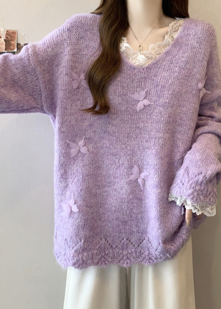 Organic Lavender Oversized Patchwork Butterfly Knit Sweaters Fall