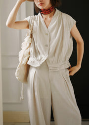 Organic Linen Color V Neck Cotton Two-Piece Set Summer