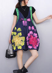 Organic Navy Oversized Print Denim Shorts Jumpsuit Summer