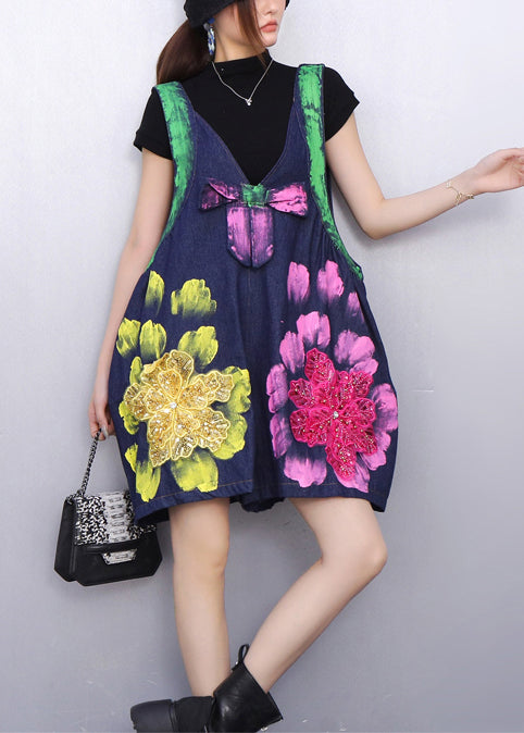 Organic Navy Oversized Print Denim Shorts Jumpsuit Summer