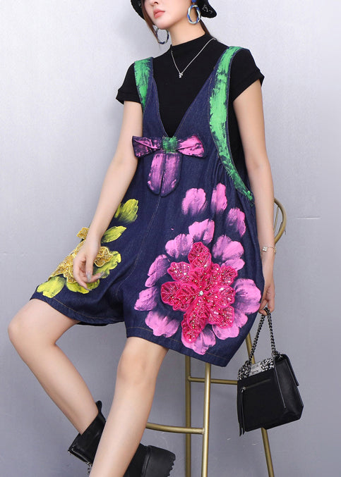 Organic Navy Oversized Print Denim Shorts Jumpsuit Summer