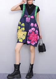 Organic Navy Oversized Print Denim Shorts Jumpsuit Summer