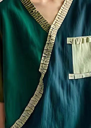 Organic Navy V Neck Patchwork Wrinkled Linen Shirt Tops Summer