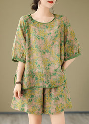 Organic Orange Print Side Open Top And Shorts Two Piece Set Short Sleeve
