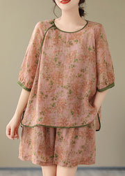 Organic Orange Print Side Open Top And Shorts Two Piece Set Short Sleeve