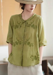Organic Pink Embroidered Tie Neck Linen Tops Summer