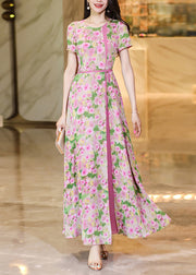 Organic Pink O Neck Print False Two Pieces Chiffon Dresses Summer