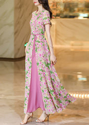 Organic Pink O Neck Print False Two Pieces Chiffon Dresses Summer