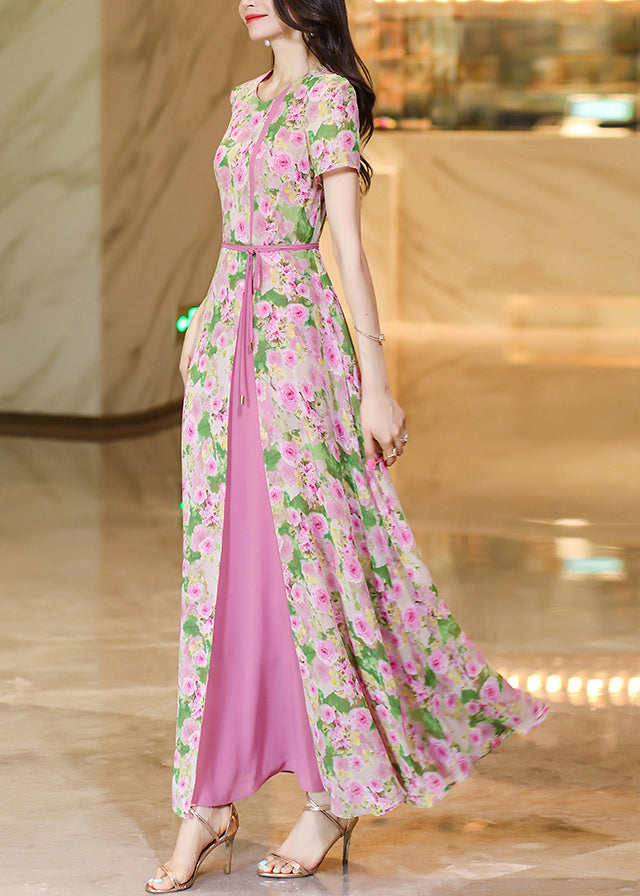 Organic Pink O Neck Print False Two Pieces Chiffon Dresses Summer