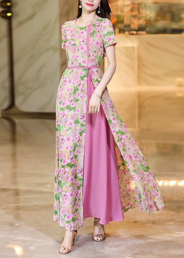 Organic Pink O Neck Print False Two Pieces Chiffon Dresses Summer