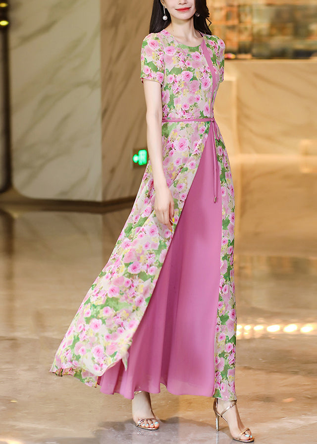 Organic Pink O Neck Print False Two Pieces Chiffon Dresses Summer