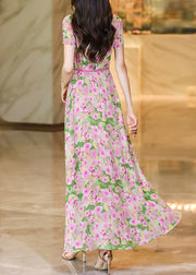 Organic Pink O Neck Print False Two Pieces Chiffon Dresses Summer