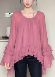 Organic Pink O-Neck Tie Lace Chiffon Shirts Flare Sleeve