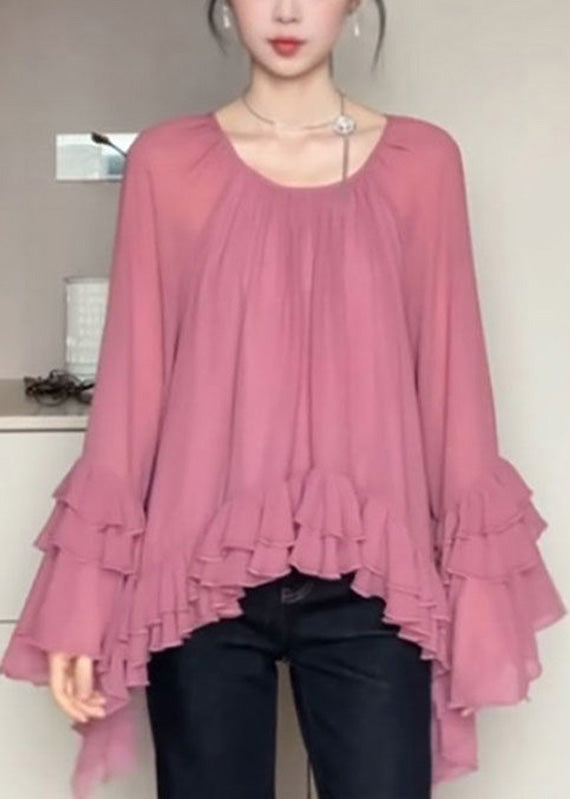 Organic Pink O-Neck Tie Lace Chiffon Shirts Flare Sleeve
