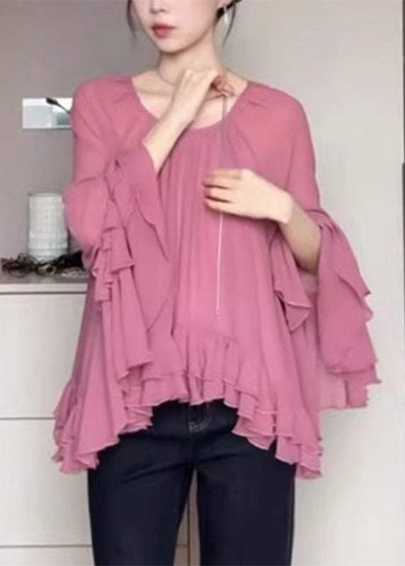 Organic Pink O-Neck Tie Lace Chiffon Shirts Flare Sleeve