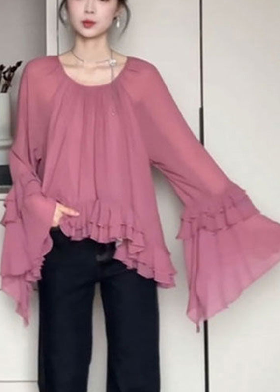 Organic Pink O-Neck Tie Lace Chiffon Shirts Flare Sleeve