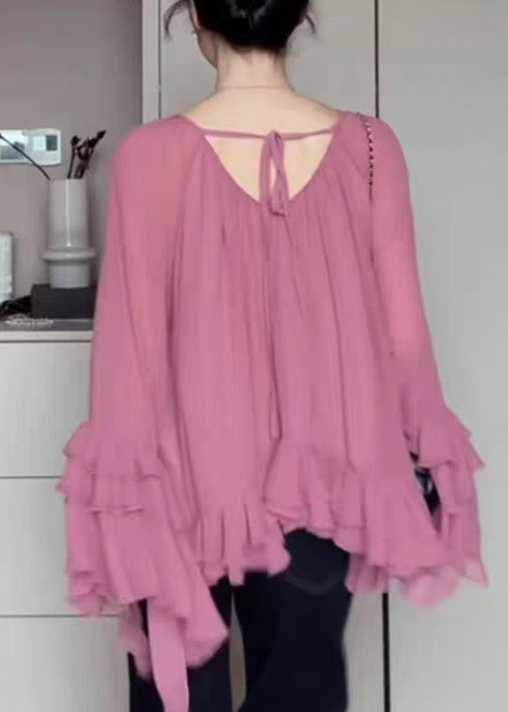 Organic Pink O-Neck Tie Lace Chiffon Shirts Flare Sleeve