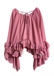 Organic Pink O-Neck Tie Lace Chiffon Shirts Flare Sleeve