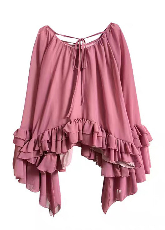 Organic Pink O-Neck Tie Lace Chiffon Shirts Flare Sleeve
