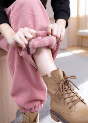 Organic Pink Pockets Elastic Waist Corduroy Fleece Pants Winter