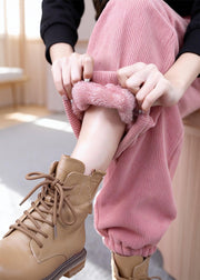 Organic Pink Pockets Elastic Waist Corduroy Fleece Pants Winter